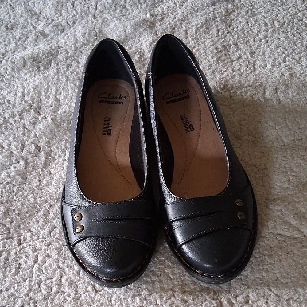 Clarks Black Leather Loafers with Stud Accents
